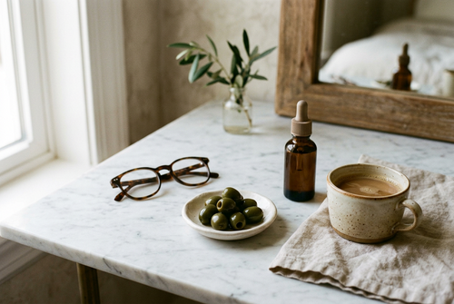 An amber glass dropper bottle of liquid vitamin D3 and K2 on a marble vanity beside a cup of coffee, green olives, folded reading glasses and a linen napkin.