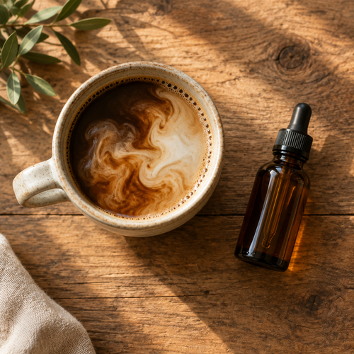 Mug of coffee with cream next to an amber vitamin D dropper bottle on a wooden table"