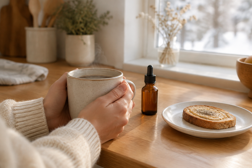 Light breakfast and coffee on a kitchen counter next to an amber vitamin D dropper bottle