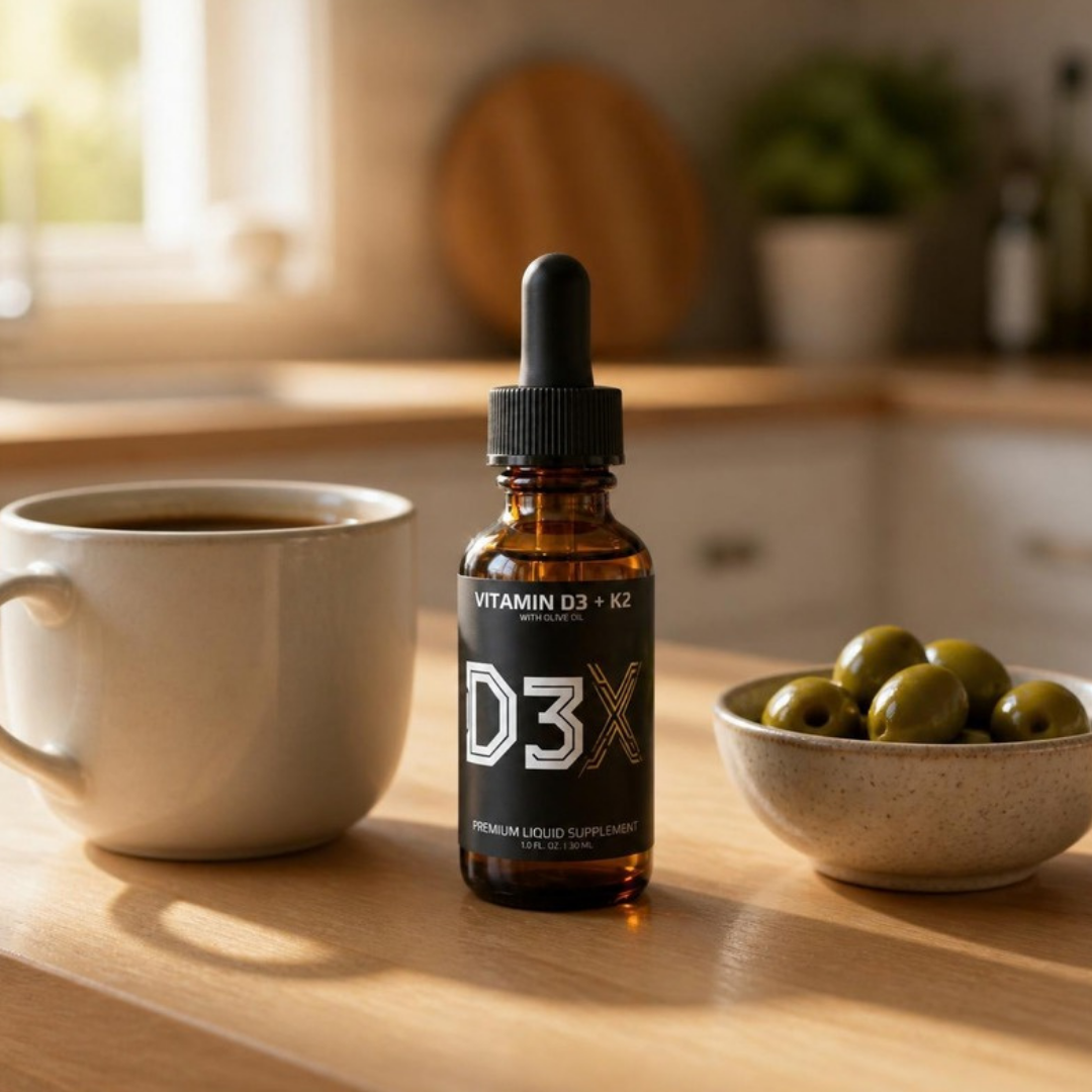 D3X liquid Vitamin D3 + K2 bottle on a kitchen counter next to a mug of coffee and a bowl of olives