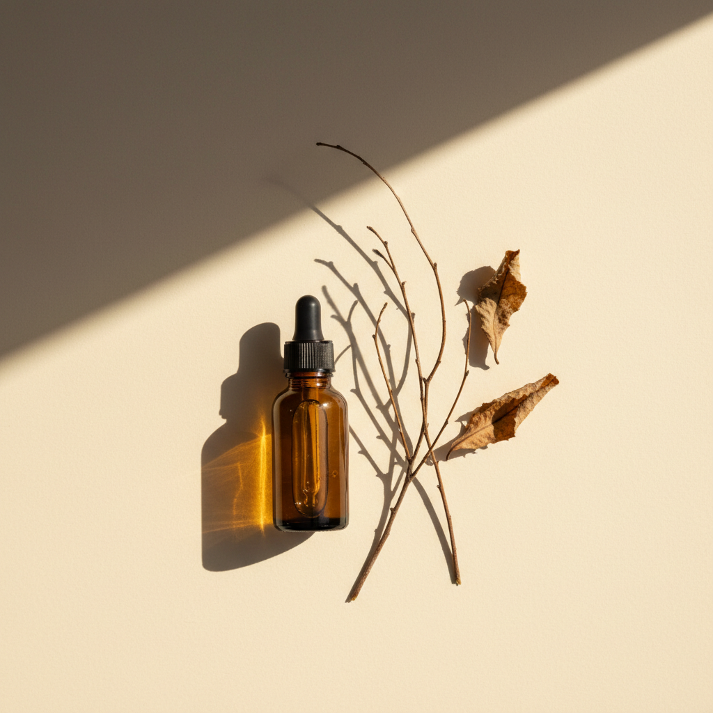 An amber glass dropper bottle of vitamin D beside bare autumn twigs and dried leaves, lit by low-angle light casting a long shadow
