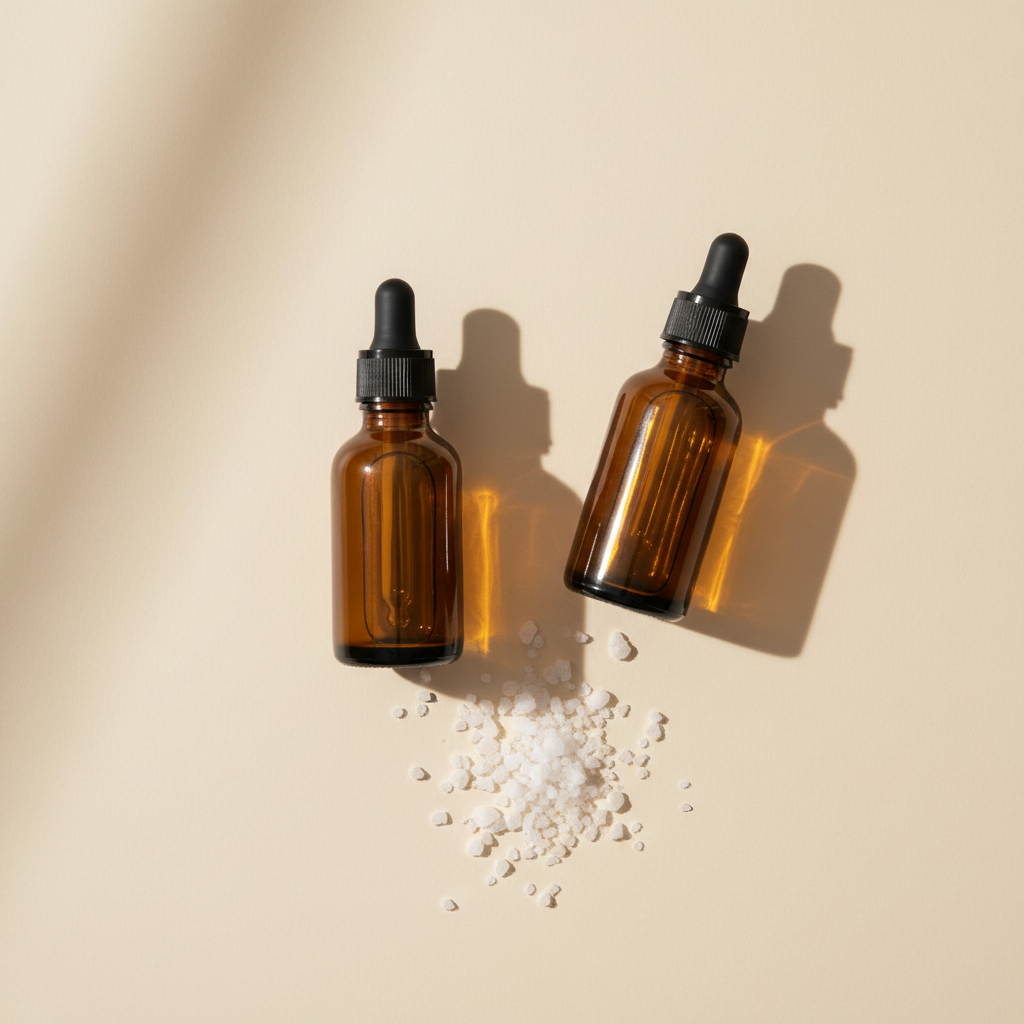 Two amber glass dropper bottles side by side on a cream background with a small scattering of white mineral granules between them