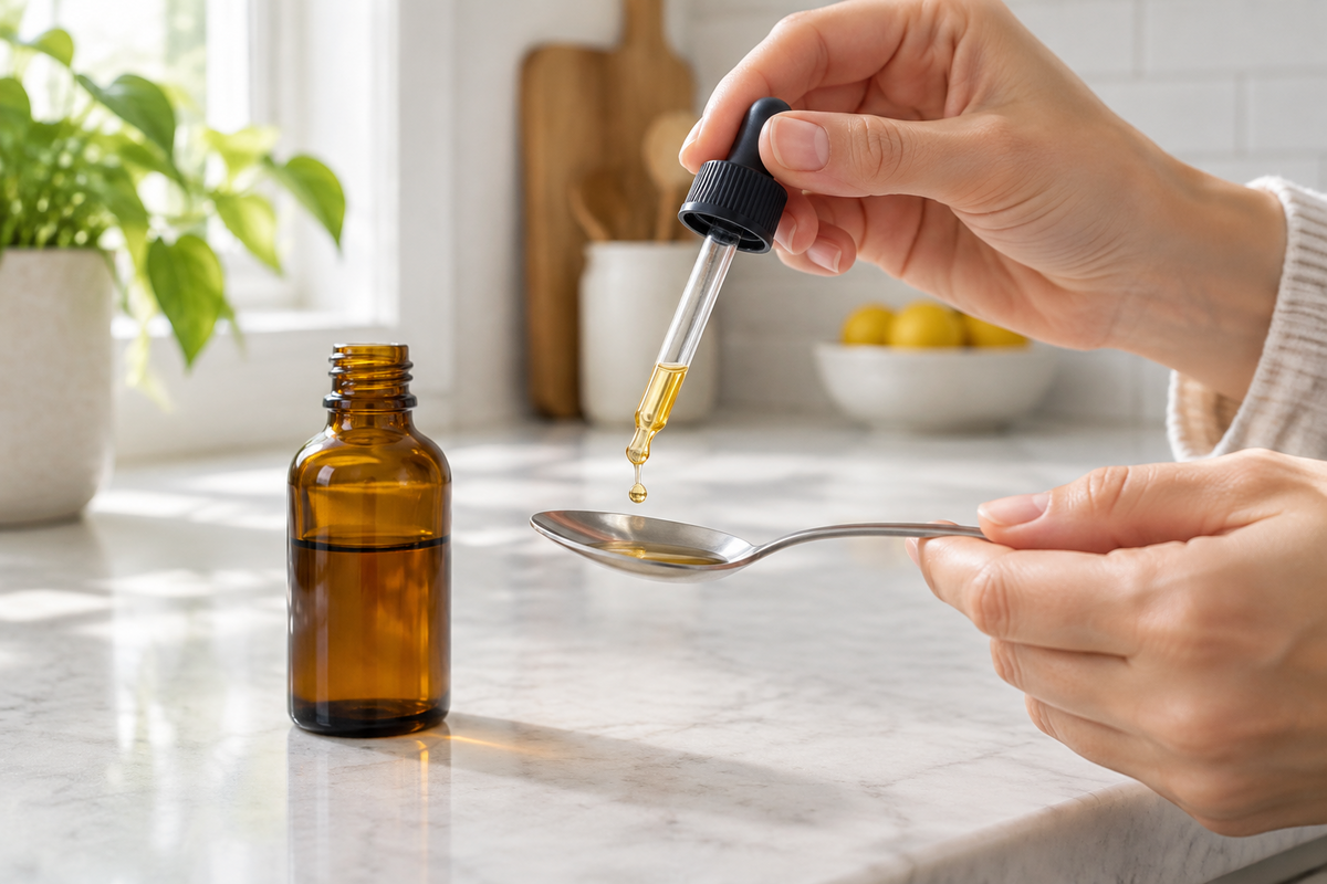 Hand measuring liquid vitamin D from a dropper onto a spoon in a kitchen
