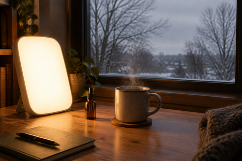 Light therapy lamp on a desk beside coffee and a vitamin D dropper bottle on a winter morning
