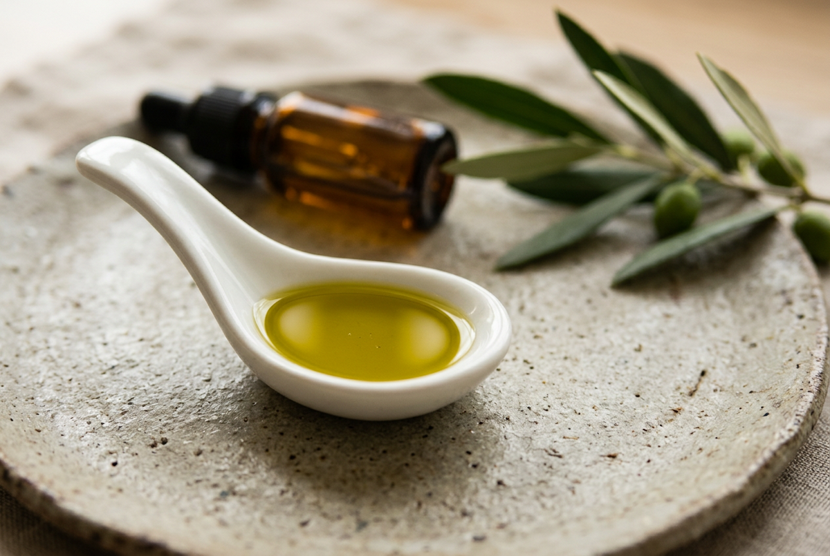 A white ceramic spoon holding a small pool of golden-green olive oil, with olive leaves and an amber dropper bottle softly out of focus behind it.