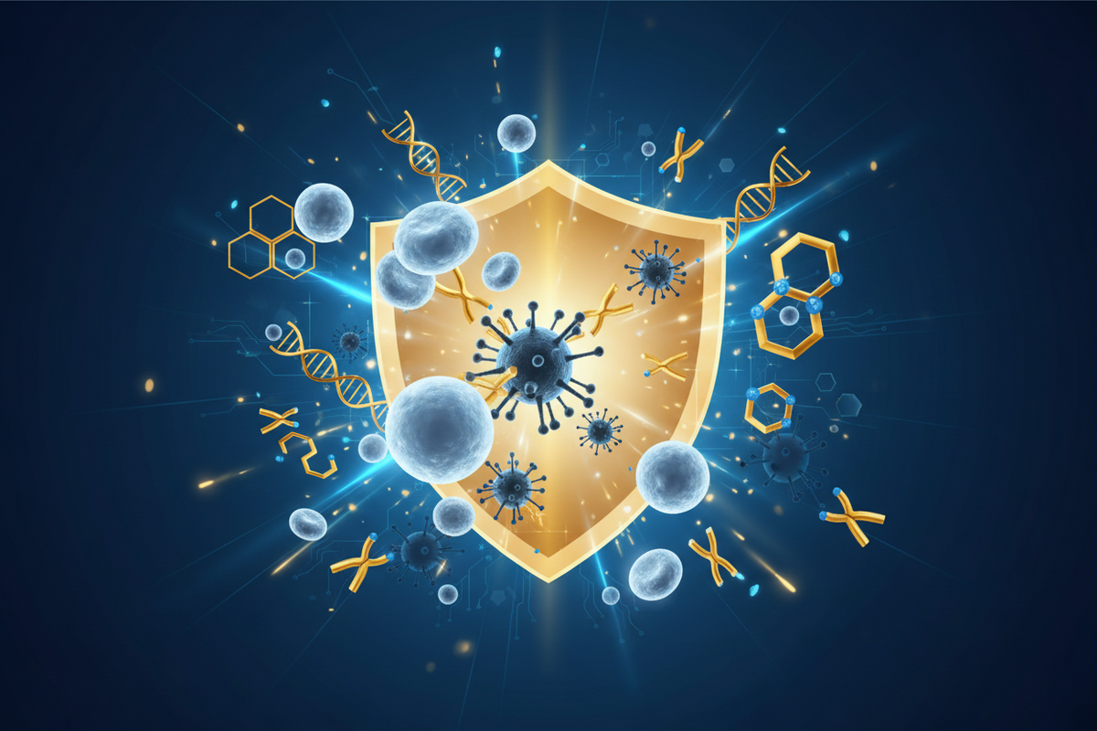 Illustration of a glowing shield surrounded by immune cells, viruses and DNA strands