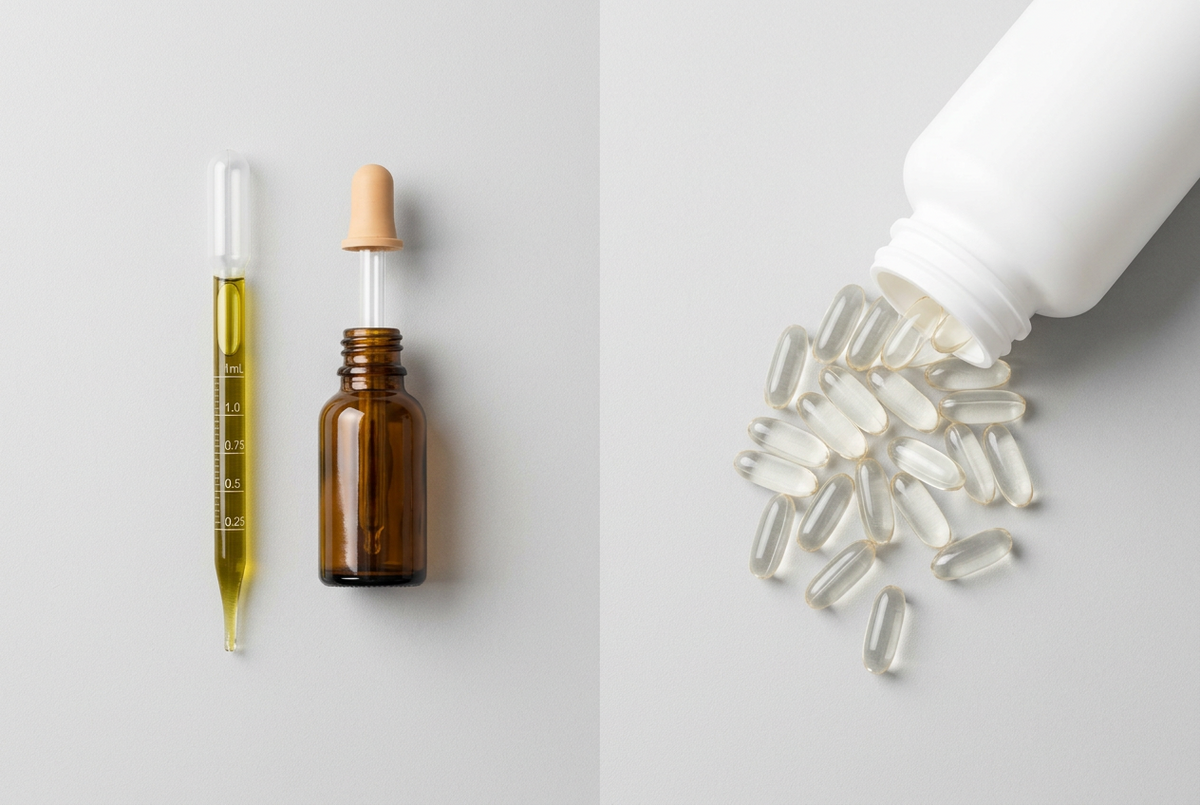 A marked 1 mL pipette of golden oil and an amber glass dropper bottle on the left, a pile of large white softgel capsules spilling from a plastic bottle on the right.