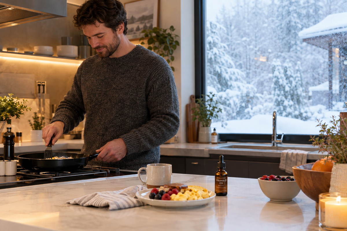 Man making breakfast on a winter morning with a vitamin D dropper bottle on the kitchen counter
