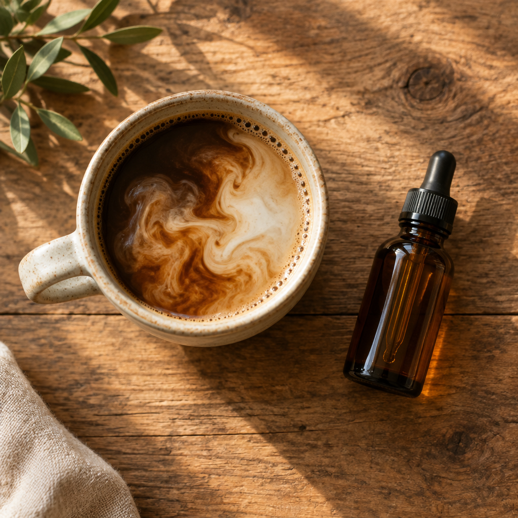 Mug of coffee with cream next to an amber vitamin D dropper bottle on a wooden table"