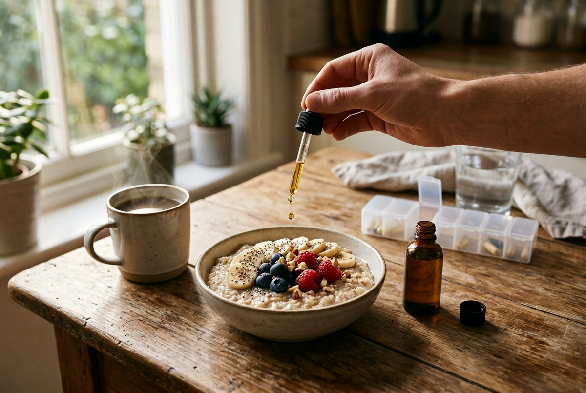 An amber glass dropper releasing a drop of golden oil onto a bowl of oatmeal beside a mug of coffee, with a weekly pill organizer softly out of focus behind.