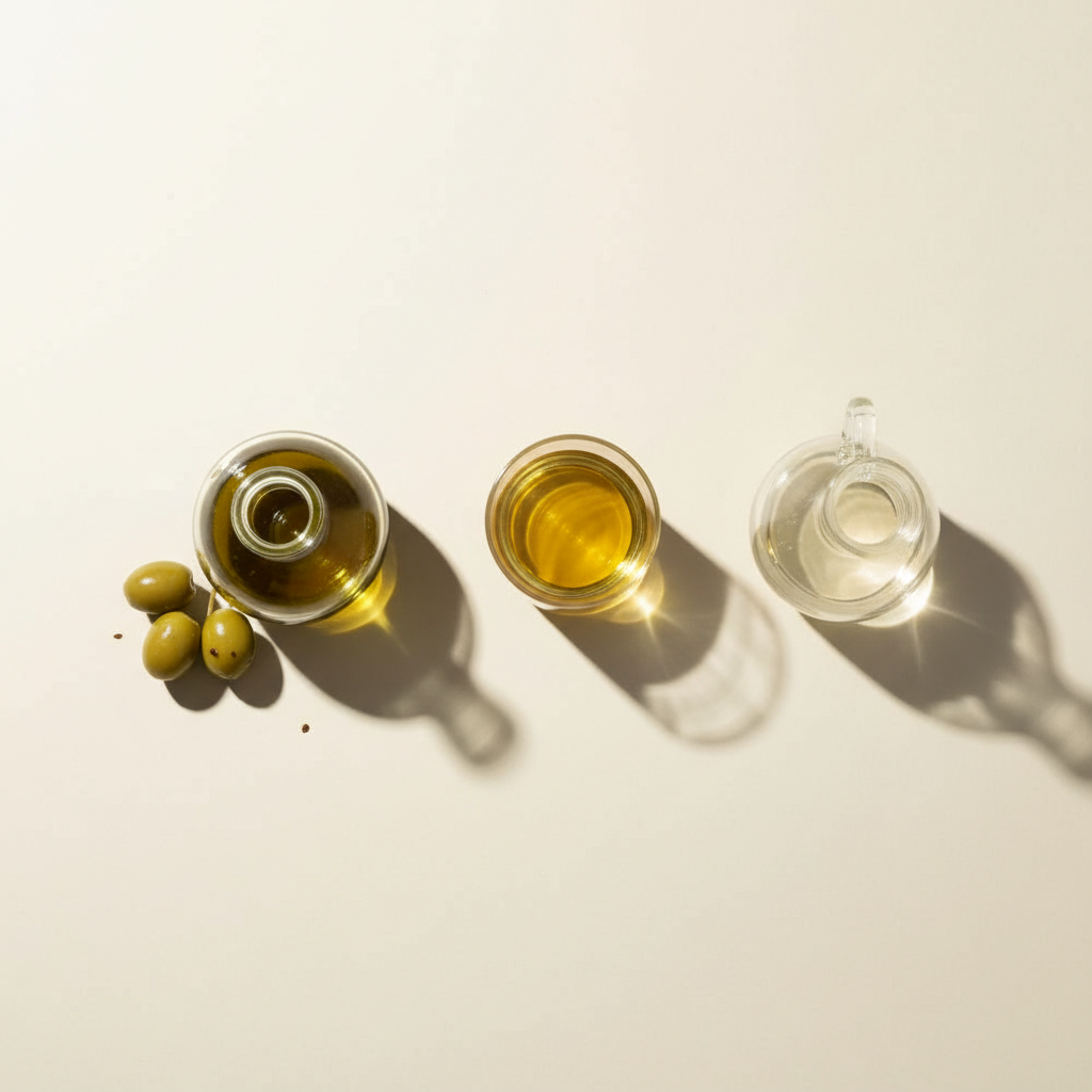 Three small glass vessels of oil in different shades, from golden green to pale clear, arranged in a row beside fresh olives on a cream background
