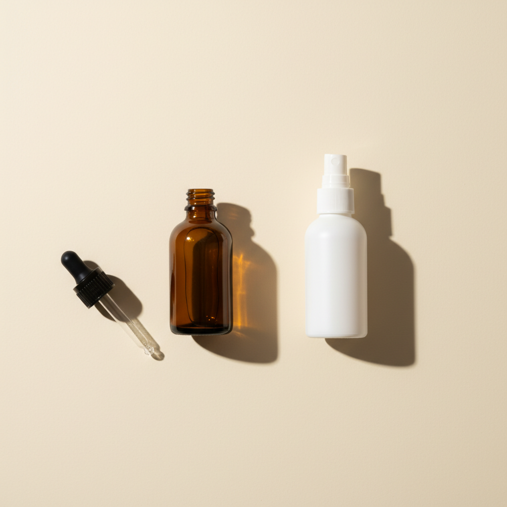 An amber glass dropper bottle with its dropper beside it, and a white spray bottle with a fine nozzle, placed apart on a cream background