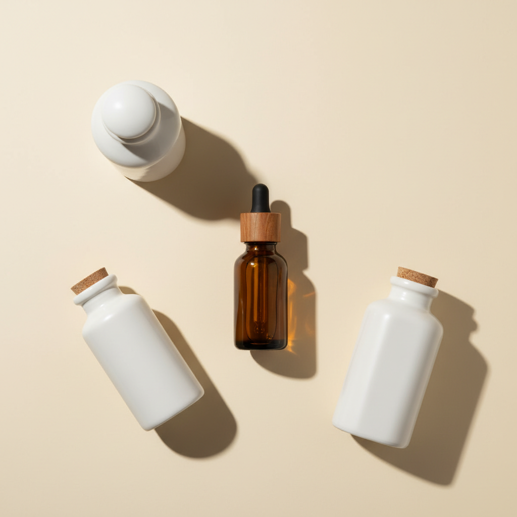 An amber glass dropper bottle at the centre of a cream background, surrounded by three plain unlabelled white pharmacy bottles