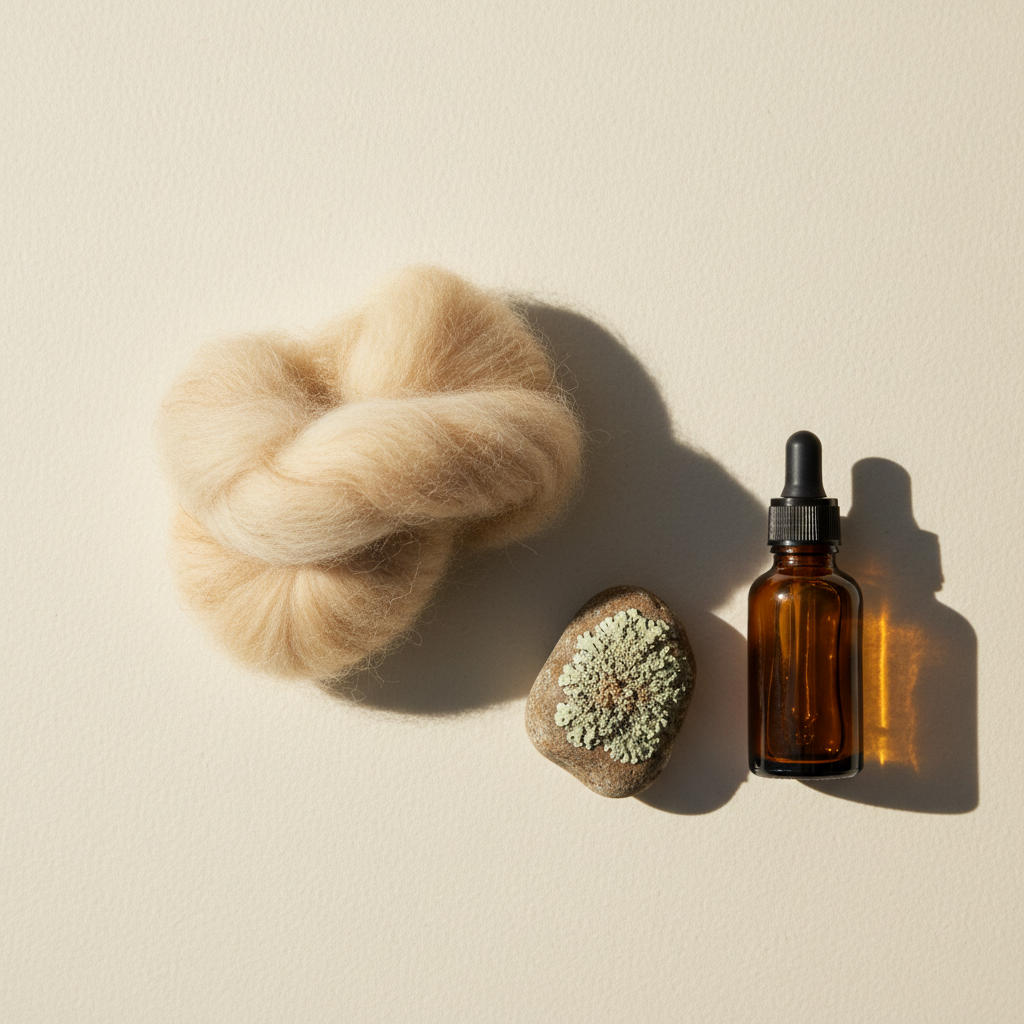 A tuft of raw sheep's wool beside pale green-grey lichen on a stone, with an amber glass dropper bottle on a cream background