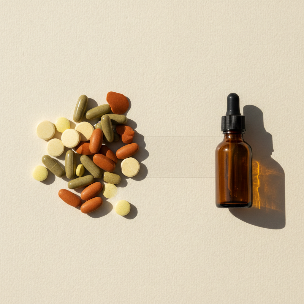 A scattering of assorted multivitamin tablets and capsules on one side of a cream background, with a single amber glass dropper bottle on the other