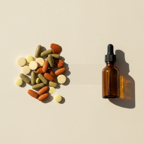 A scattering of assorted multivitamin tablets and capsules on one side of a cream background, with a single amber glass dropper bottle on the other
