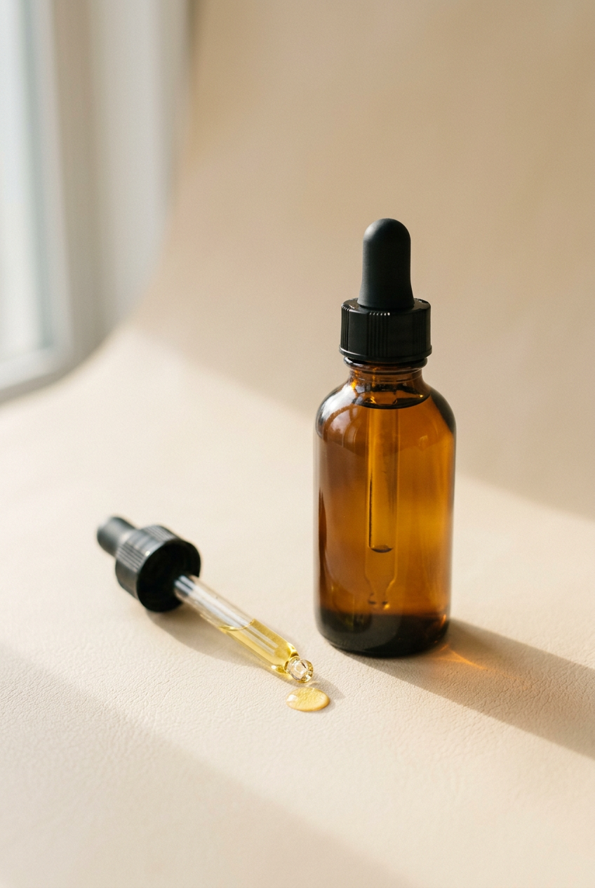 An amber glass vitamin D dropper bottle beside a single dropper of golden oil on a cream surface in soft morning light