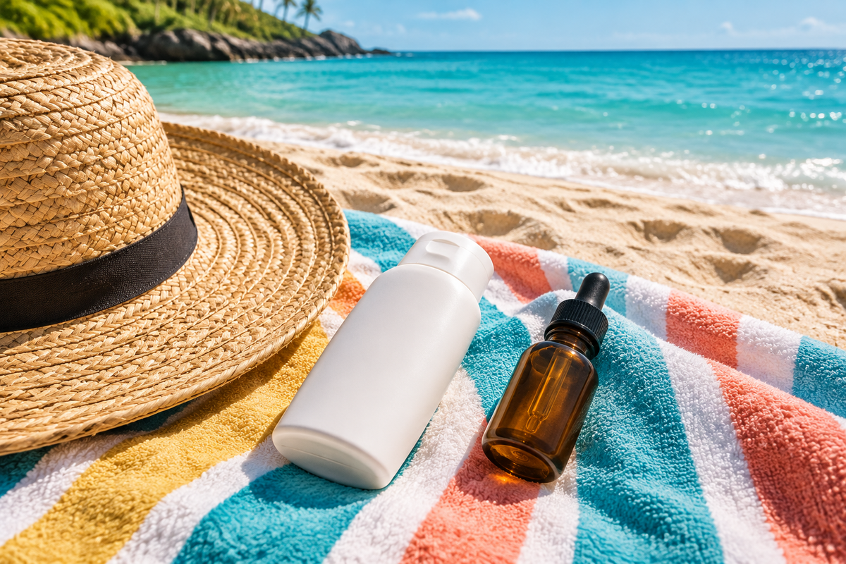 Beach towel with sunscreen, a hat and an amber vitamin D dropper bottle by the ocean