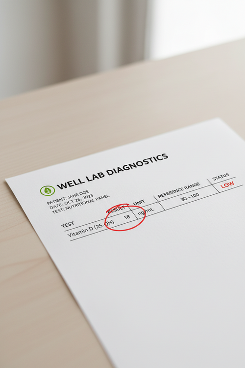 A lab report from Well Lab Diagnostics showing a vitamin D 25-OH result of 18 ng/mL circled in red, flagged as low against a reference range of 30 to 100
