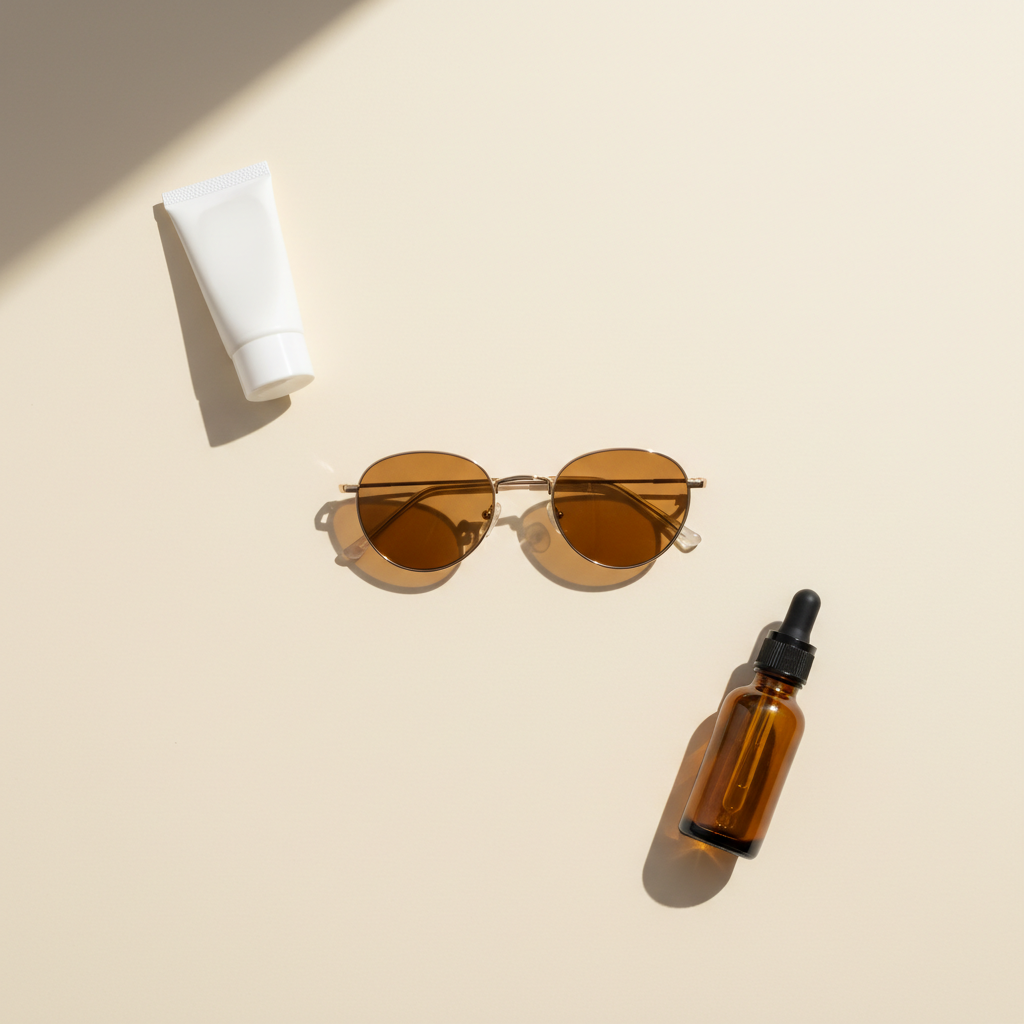 Sunglasses, a tube of sunscreen and an amber glass dropper bottle of vitamin D arranged on a cream background