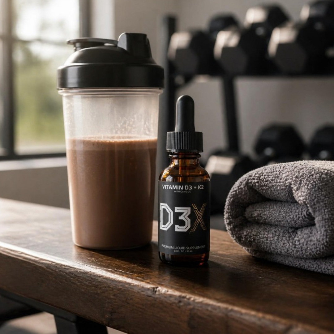 D3X liquid Vitamin D3 + K2 bottle on a gym bench beside a protein shake and towel