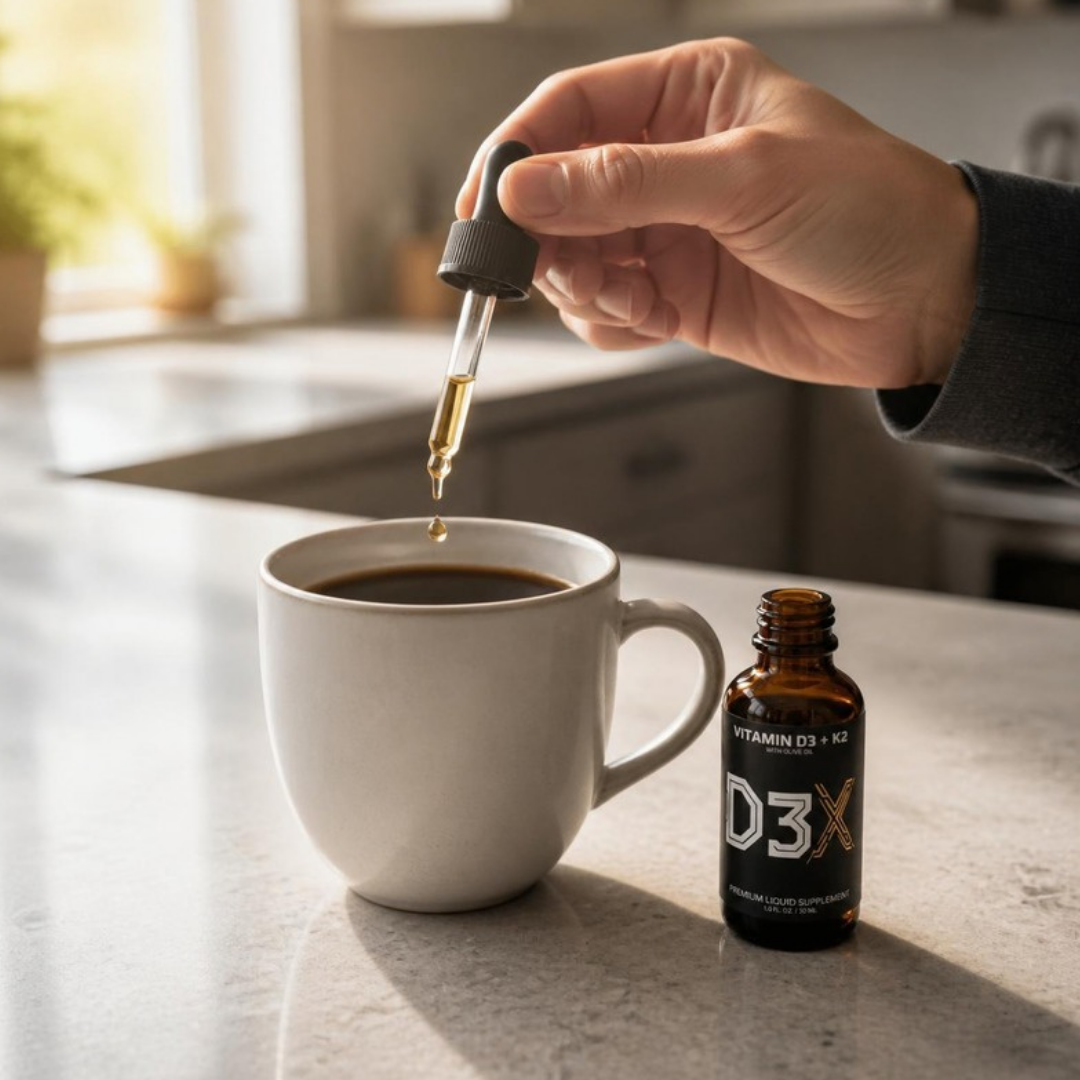 A drop of D3X liquid Vitamin D3 + K2 going into a mug of morning coffee on a kitchen counter