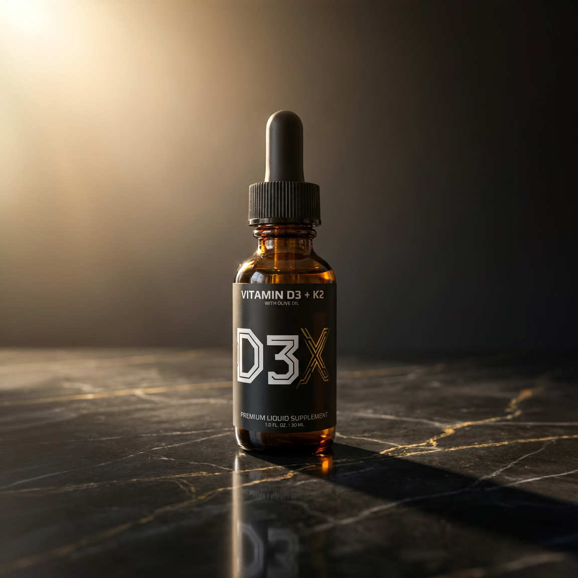 D3X liquid Vitamin D3 + K2 drops in an amber glass bottle on a dark marble surface