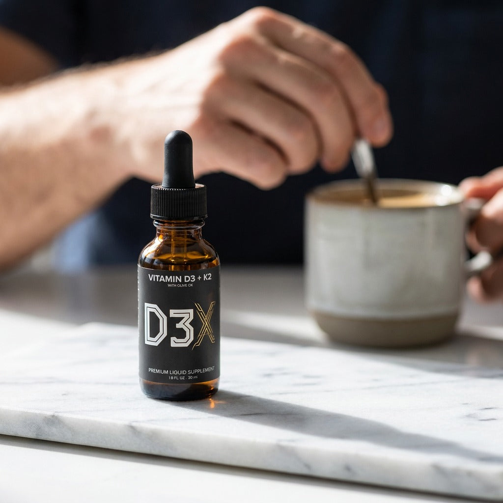 D3X bottle next to a morning coffee