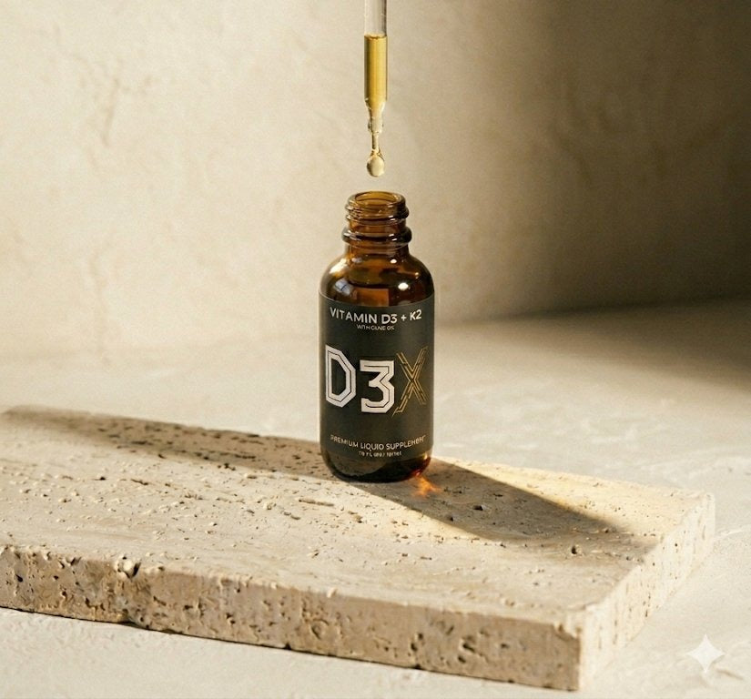 D3X bottle on a travertine slab with a golden droplet falling from the dropper