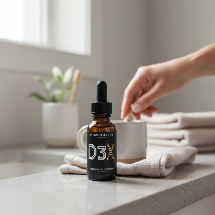 D3X bottle on a bathroom counter