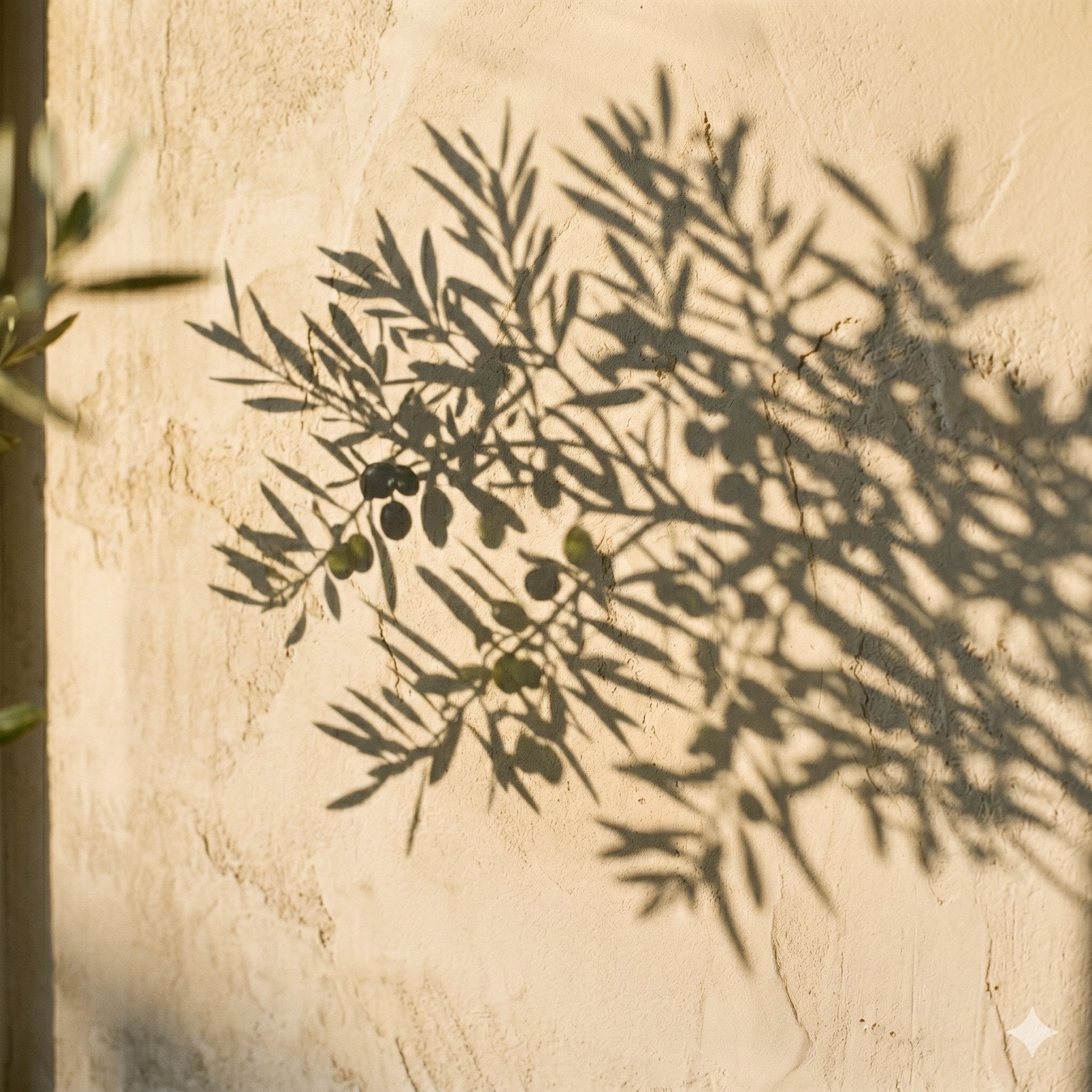 Olive branch shadow on warm cream plaster