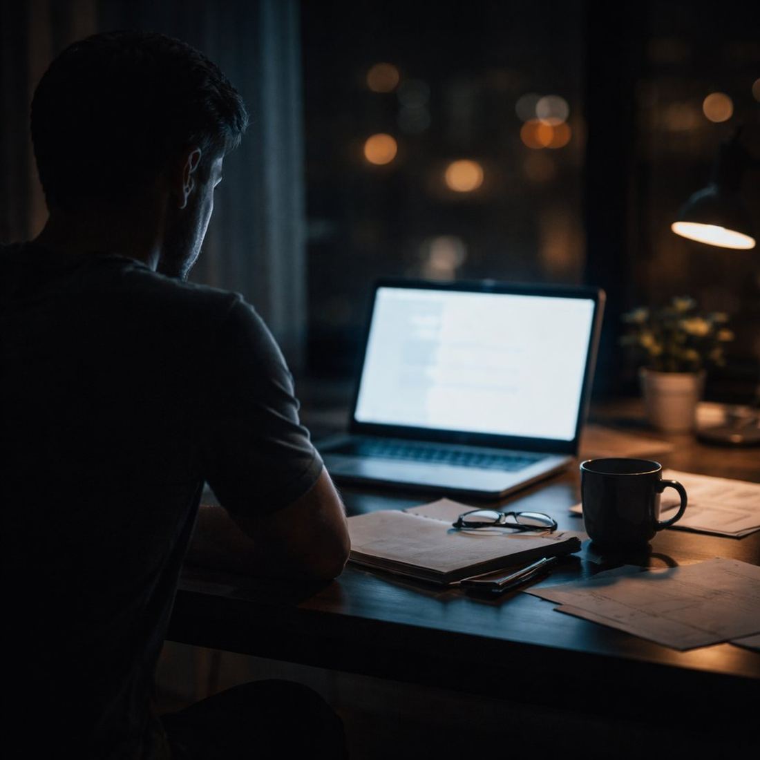 A person working alone at a laptop in a dark room, a representation of the indoor lifestyle that contributes to low Vitamin D status