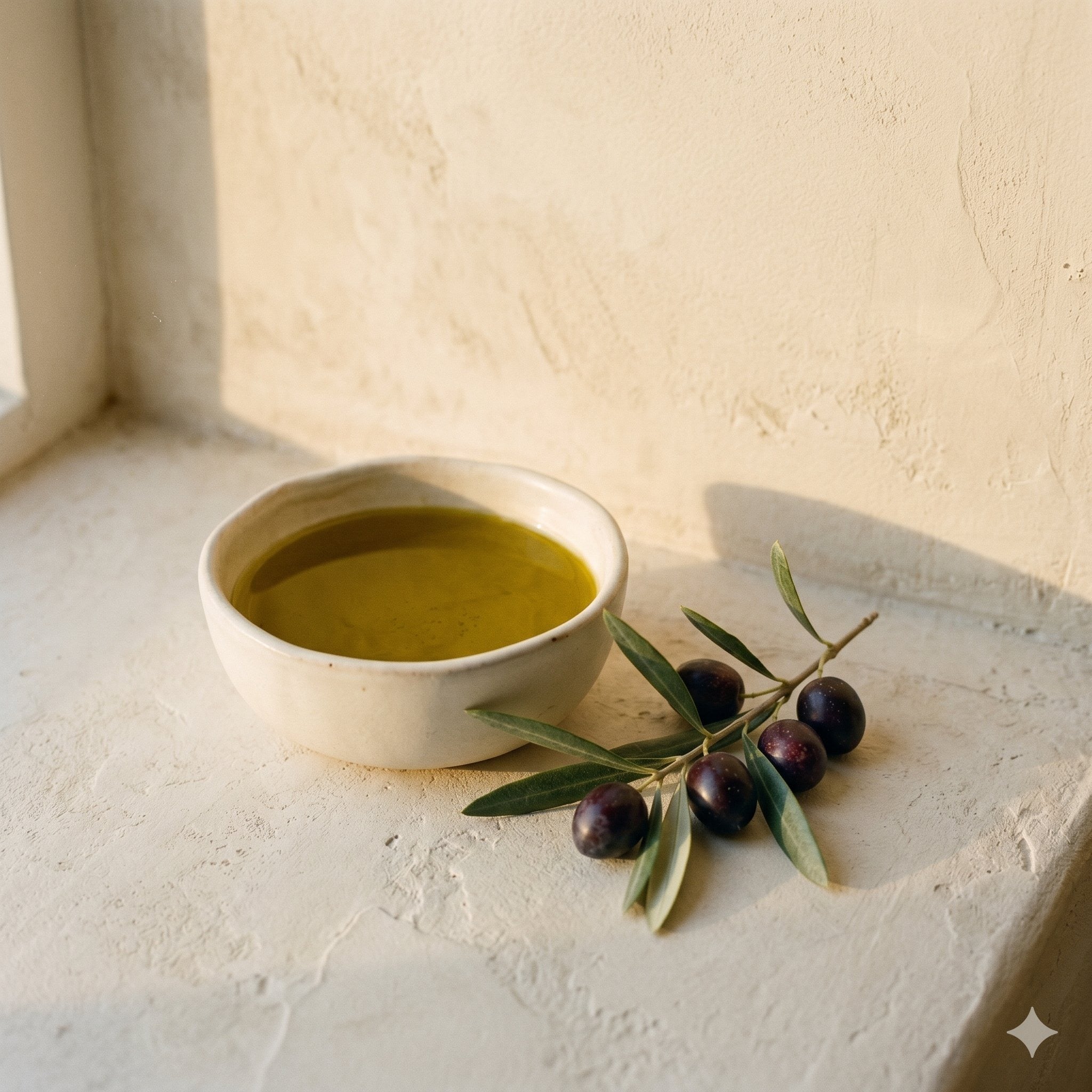 Bowl of golden-green olive oil on cream plaster with olive branch and ripe olives
